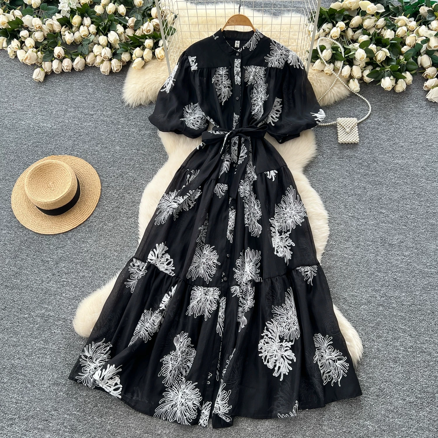 

Holiday Print Dress Women Hollow Out Puff Sleeve Lace Up A-line Slim High Quality Spring Summer 1950s Retro Maxi Dress
