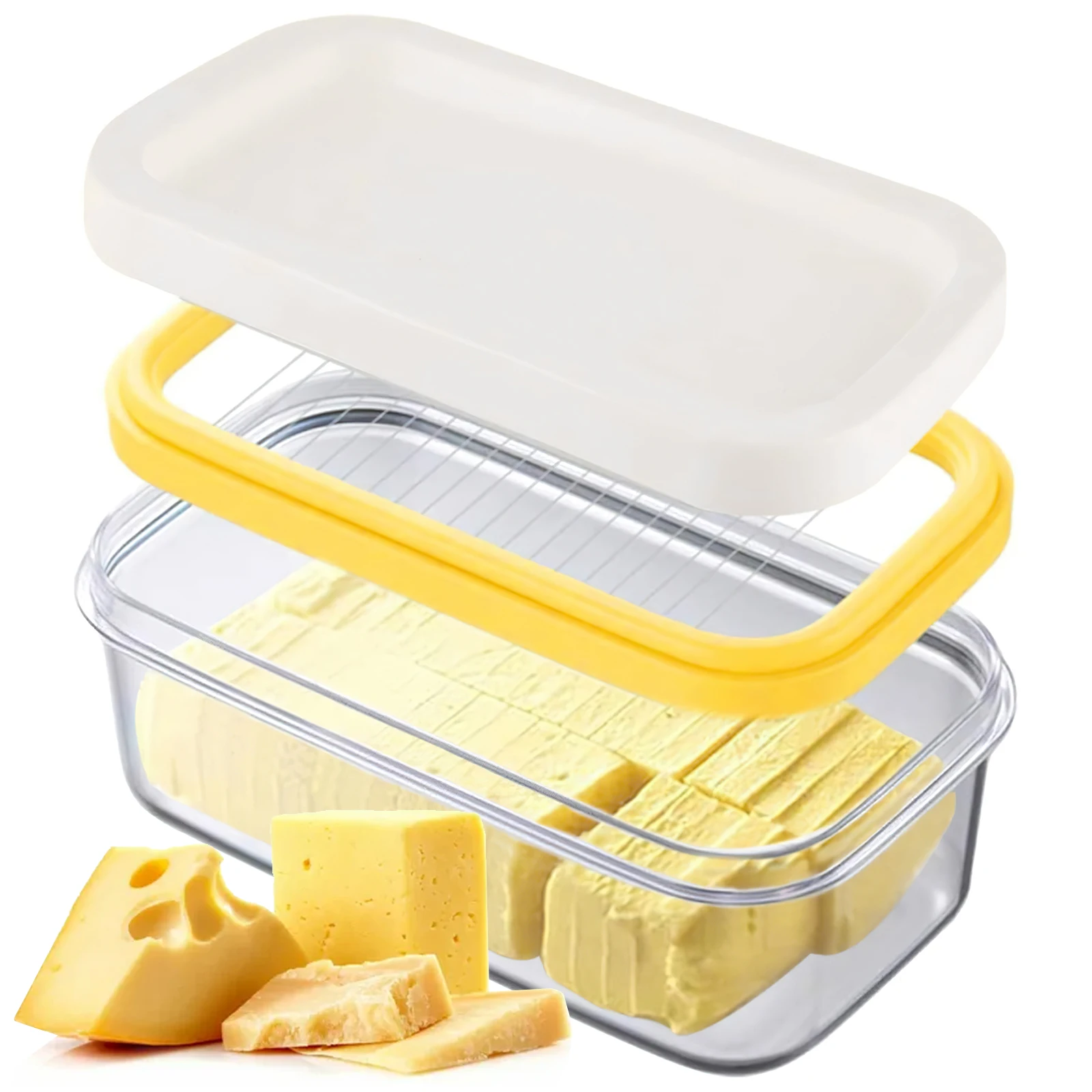 Butter Dish with stainless steel butter slicer for easy cutting and refrigerated storage of butter cheese 15 x 8 x 7 cm