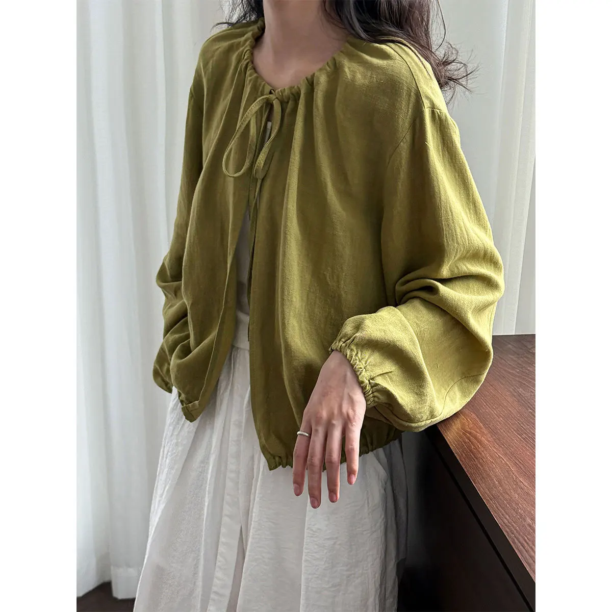 

Linen Sunscreen Jacket Women's Shirt Round Neck Strap Long Sleeve Top, Korean Minimalist Women's Clothing 2025 New