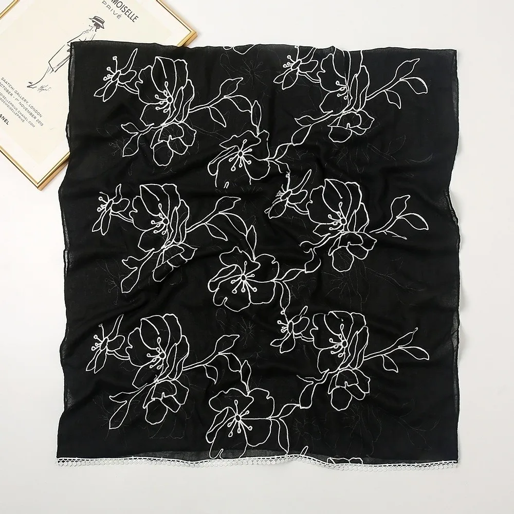 

Versatile Elegant Hijab Scarf Flower Embroidery Thin Hijab Shawls Soft Plain Design Sunscreen Shawl for Women