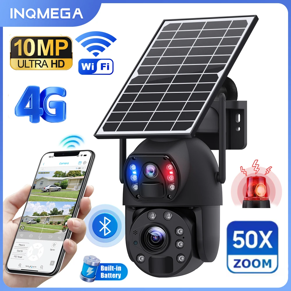 INQMEGA 4G WIFI 10MP 50X Zoom Solar Security Camera Wireless Outdoor PTZ 360° with Dual Lens 10M Night Vision 12000mAh Batter