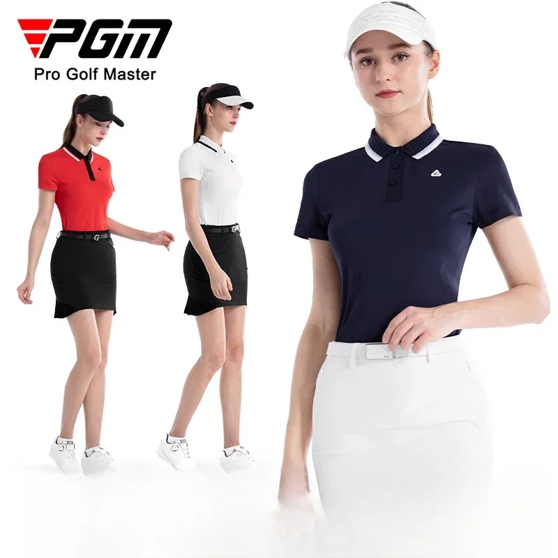 PGM Women Golf Sports T-shirt Summer Short Sleeved Polo Shirt Breathable Slimming Top Clothing YF675