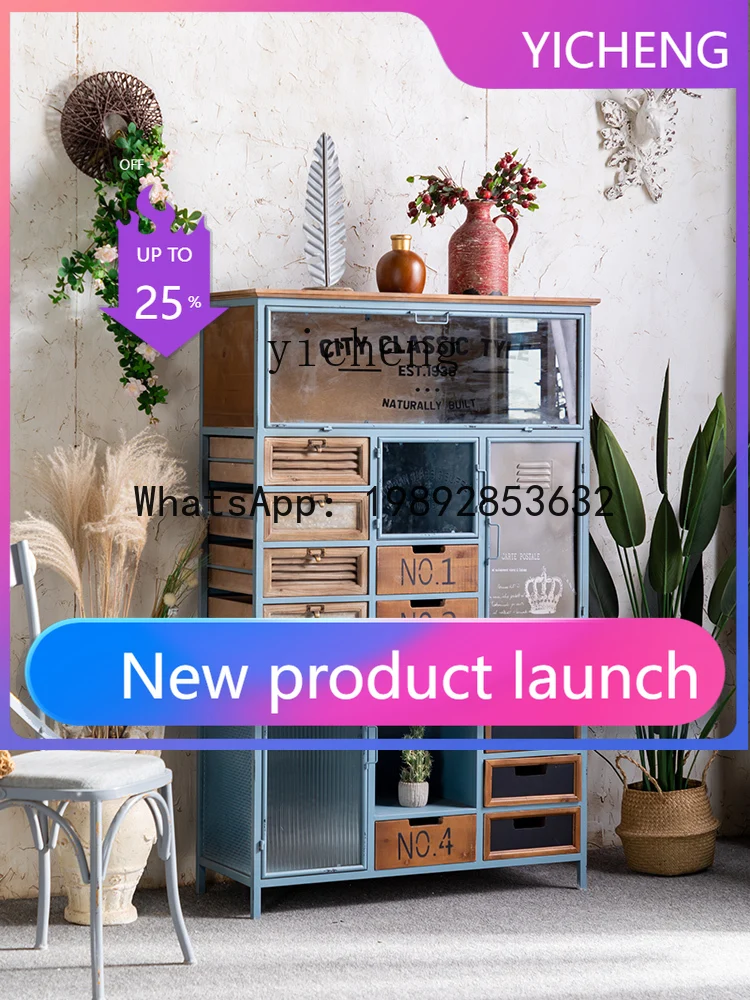 

industrial style retro chest wrought iron glass high cabinet, old partition storage at the entrance entrance