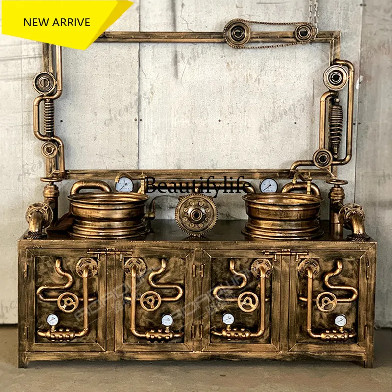 p18   Metal wrought iron retro industrial style, floor-to-ceiling wash basin restaurant bar bathroom