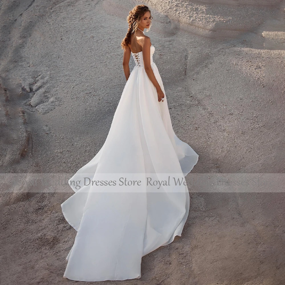 Vestidos de novia de playa para mujer, ropa de boda de Organza blanca con cuello de pico profundo, satén, abertura lateral, línea A, 2024