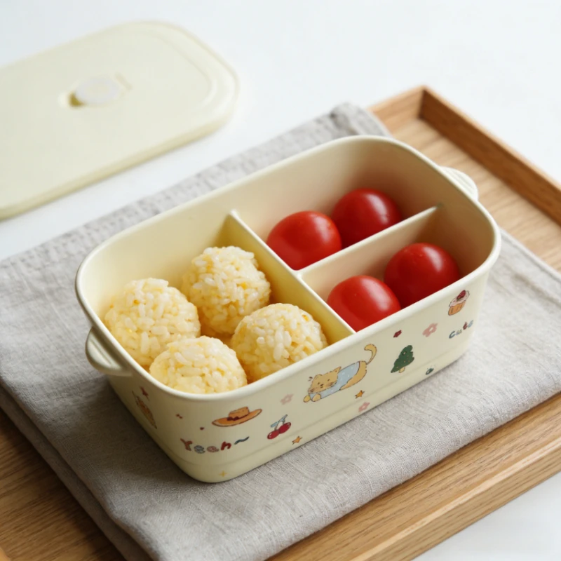 Cartoon Ceramic Lunch Box with Lid Compartment Bento Box Light Meal Container Food Storage Box Microwave Safe Kitchen Tableware