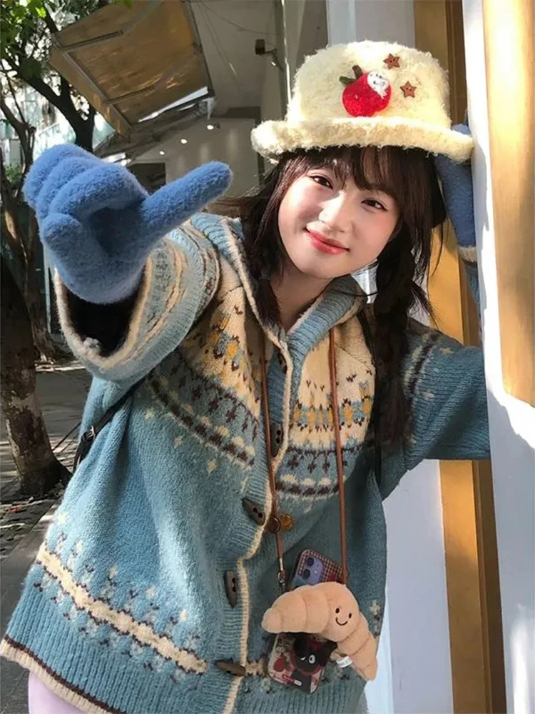

Women Hooded Knitted Cardigan Sweet Print Long Sleeve Horn Button Vintage Sweater Loose Casual Lazy Wind Soft Jacquard New Tops