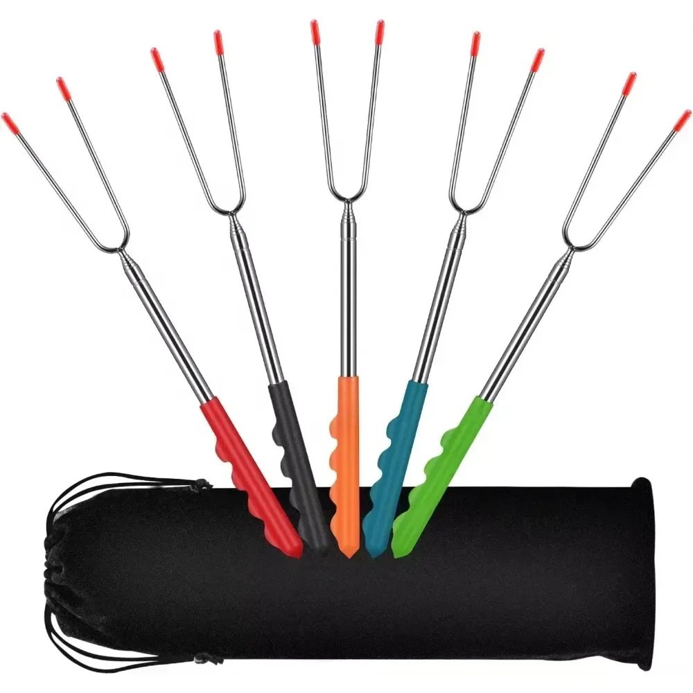 New BBQ Forks Telescopic  Barbecue Tools Marshmallows Roasting Sticks Extendable Hot Dog Sausages Skewers Stainless Steel