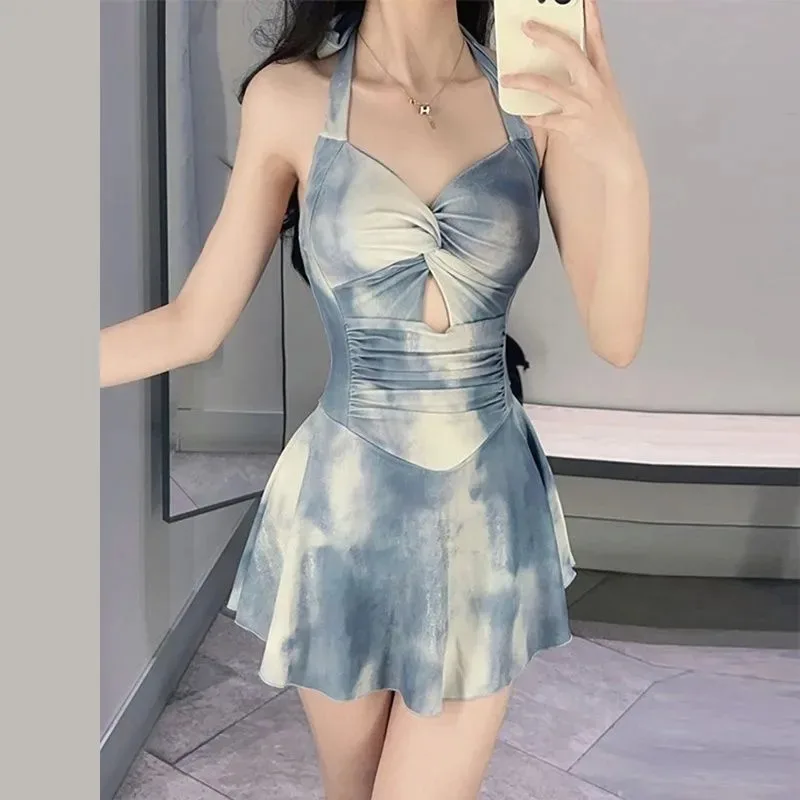 

Женский цельный купальник с завязками на шее и узором тай-дай, с кружевной отделкой спереди, скромный купальник для пляжного отдыха