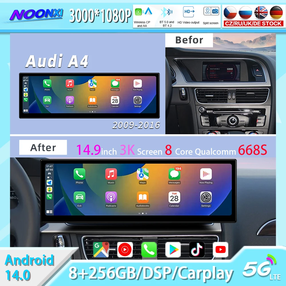 

14.9 Inch Android 14 CarPlay Car Radio For Audi A4 B8 A5 2009-2016 GPS Navi Multimedia Player Stereo Qualcomm WiFi 4G Head Unit