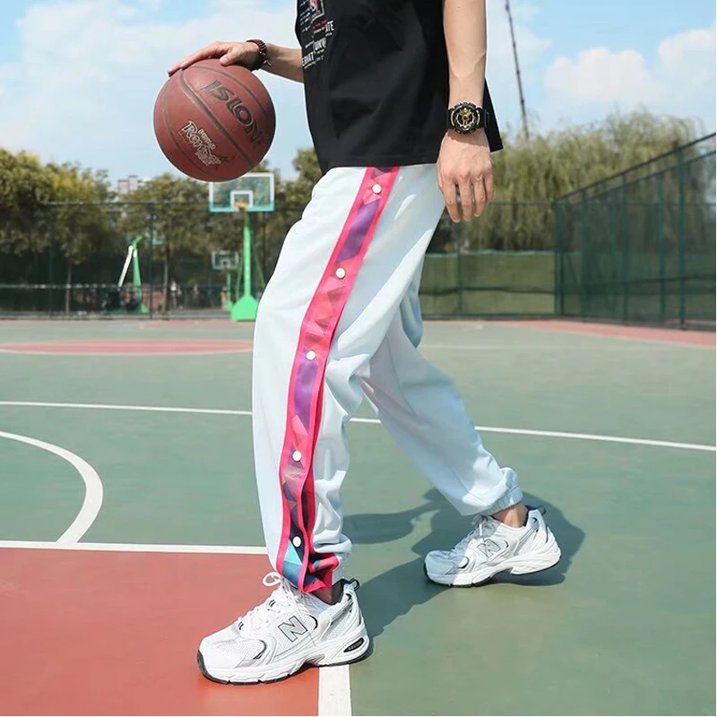 Sweat Pants Custom Side Panel Button Open Elastic Bottom Men Loose Fit Basketball Stacked Joggers Trousers