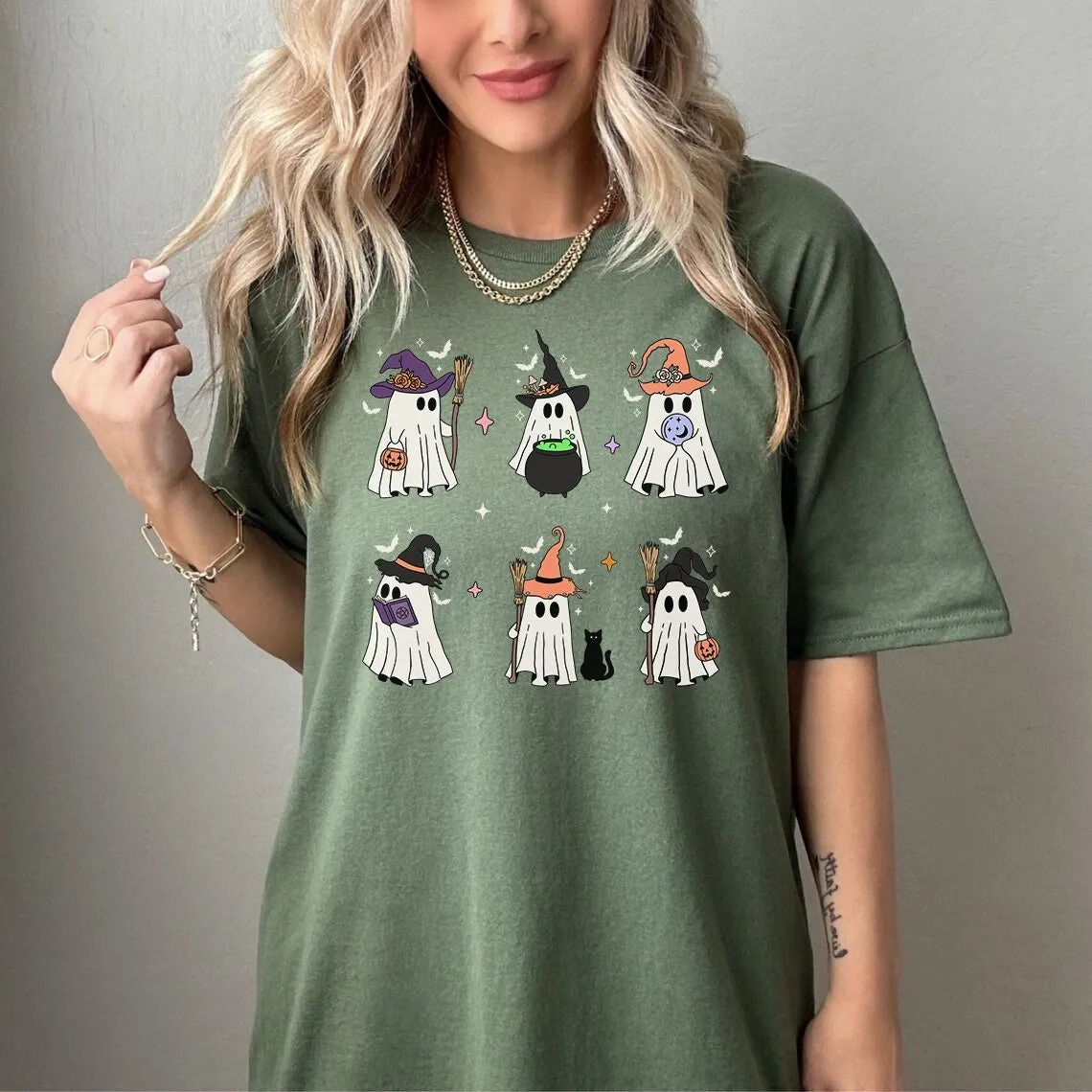 Retro Ghost T Shirt Witch Witchy Clothes Halloween Spooky Stuff Costume Plus Size Fall Women