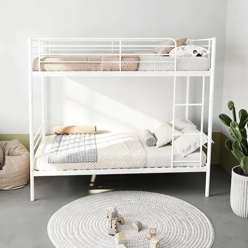 Modern Metal Bunk Bed with Ladder High Guardrail Able to Split Storage Space Twin Over Twin Size Black White Hotel & School Use
