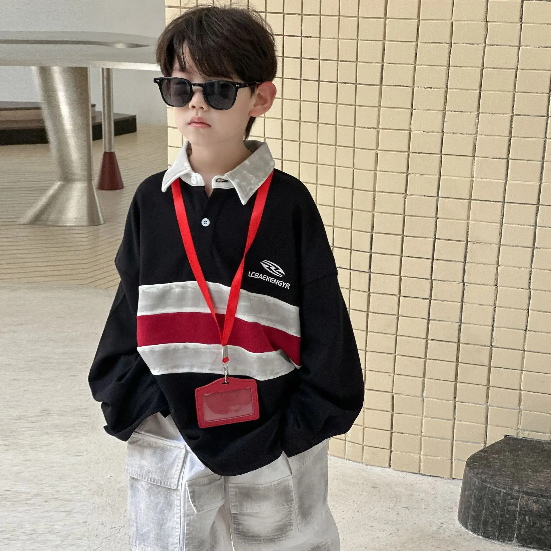 Jungen Spleißen Gestreiften Polo-Shirt Pullover 2025, Herbst Neue Amerikanische Retro Kinder Top Frühling und Herbst Kinder der Kleidung