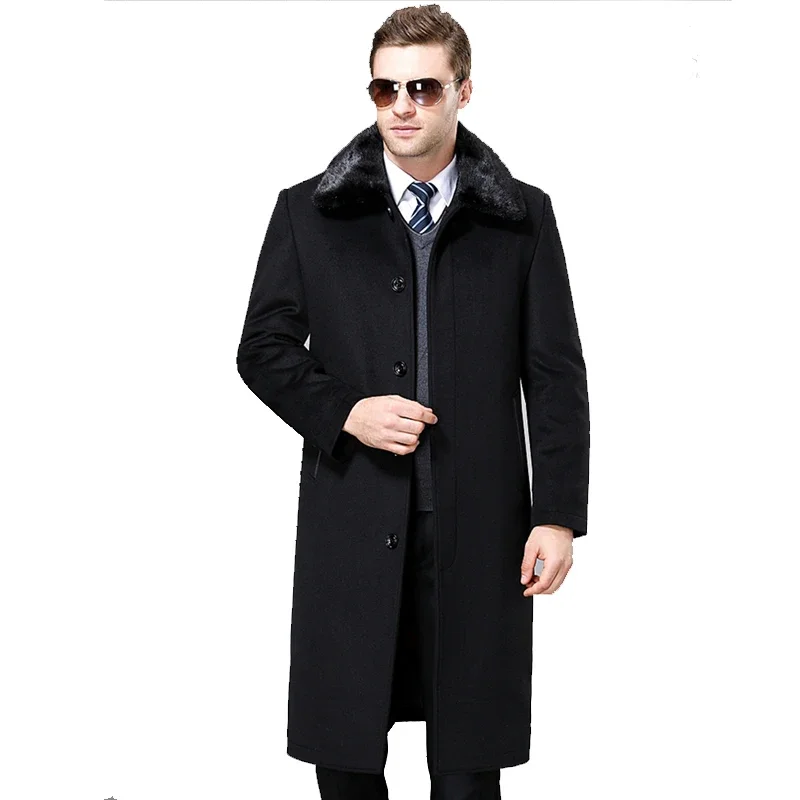 

AYUNSUE Elegant Fashion Winter Mens Coat Black Woolen Jacket Men Clothing Mink Fur Collar Long Trench Removable Rabbit Fur Liner