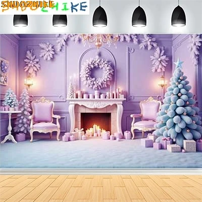 

Christmas Day New Year Party Photography Backdrops Prop Window Living Room Interior Xmas Tree Snow Theme Photo Background FN-18