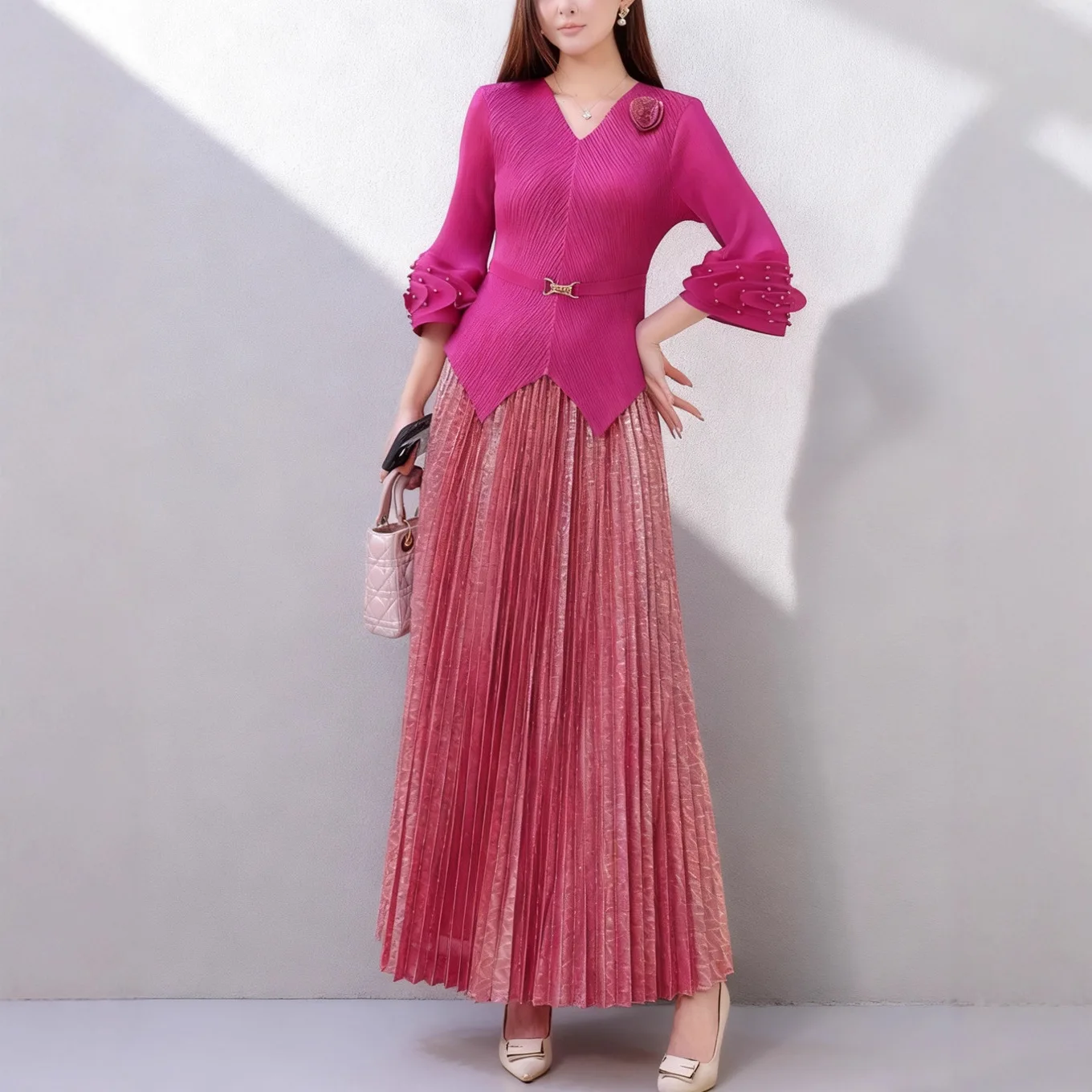

Miyake Pleated Autumn 2025 New Women's Clothing Outfit Plus Size Set Fashionable Half Body Long Skirt Top Pleated Two-piece Set