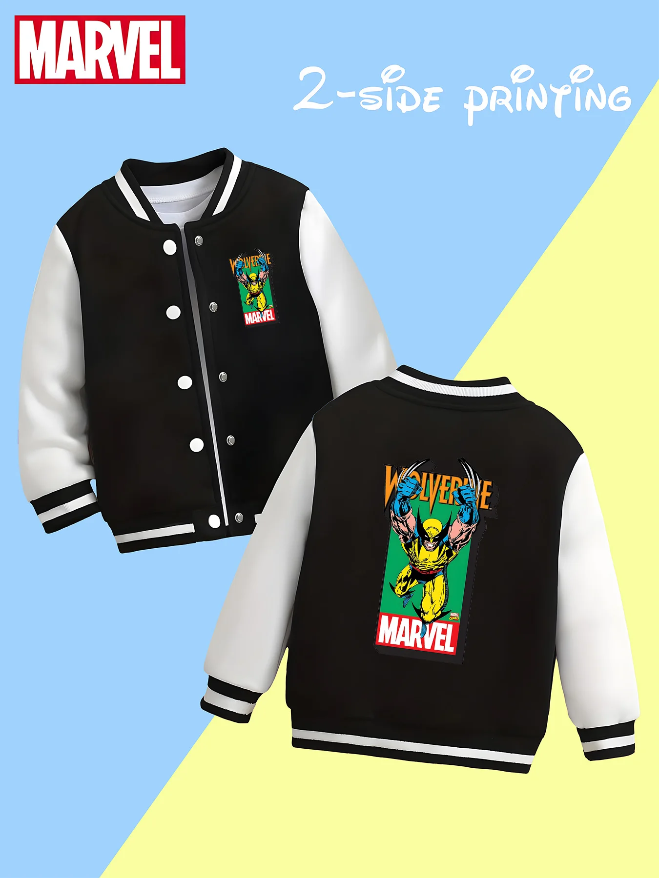 

MINISO Marvel Boys Baseball Jacket - Wolverine classic print, double-sided pattern design, soft and comfortable fabric, fashiona