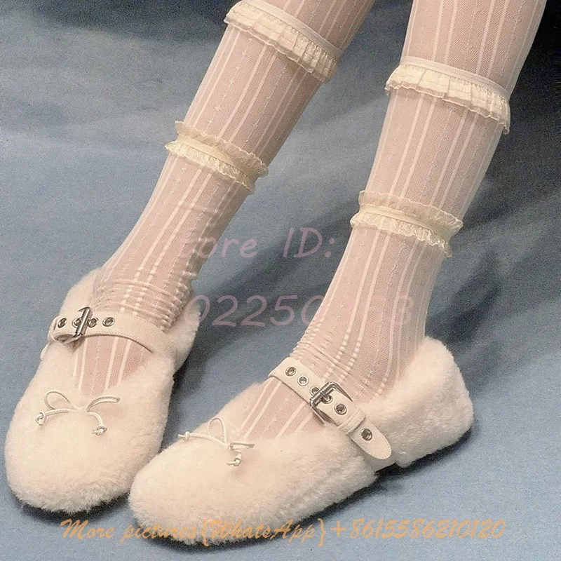 Bowknot Rabbit Fur Ballet Flat Shoes Round Toe Shallow White Women 2024 New Lamb Wool  Belt Buckle Strap Sweet Mary Jane Shoes