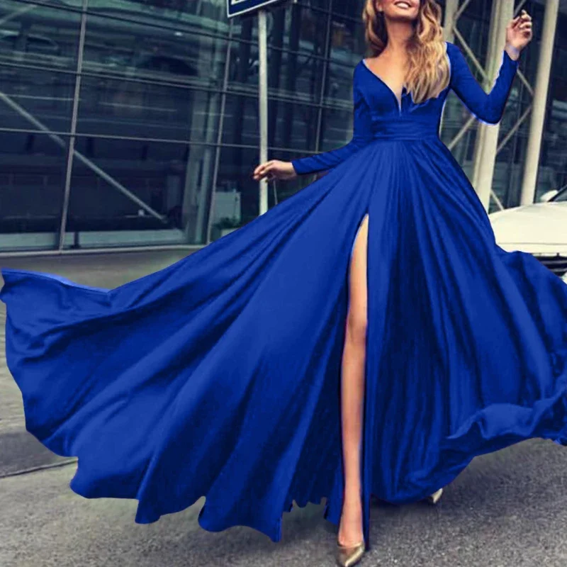 Women Wrap High Split Prom Dresses Deep V Neck High Waist Evening Party Long Dresses Temperament Formal Party Gowns