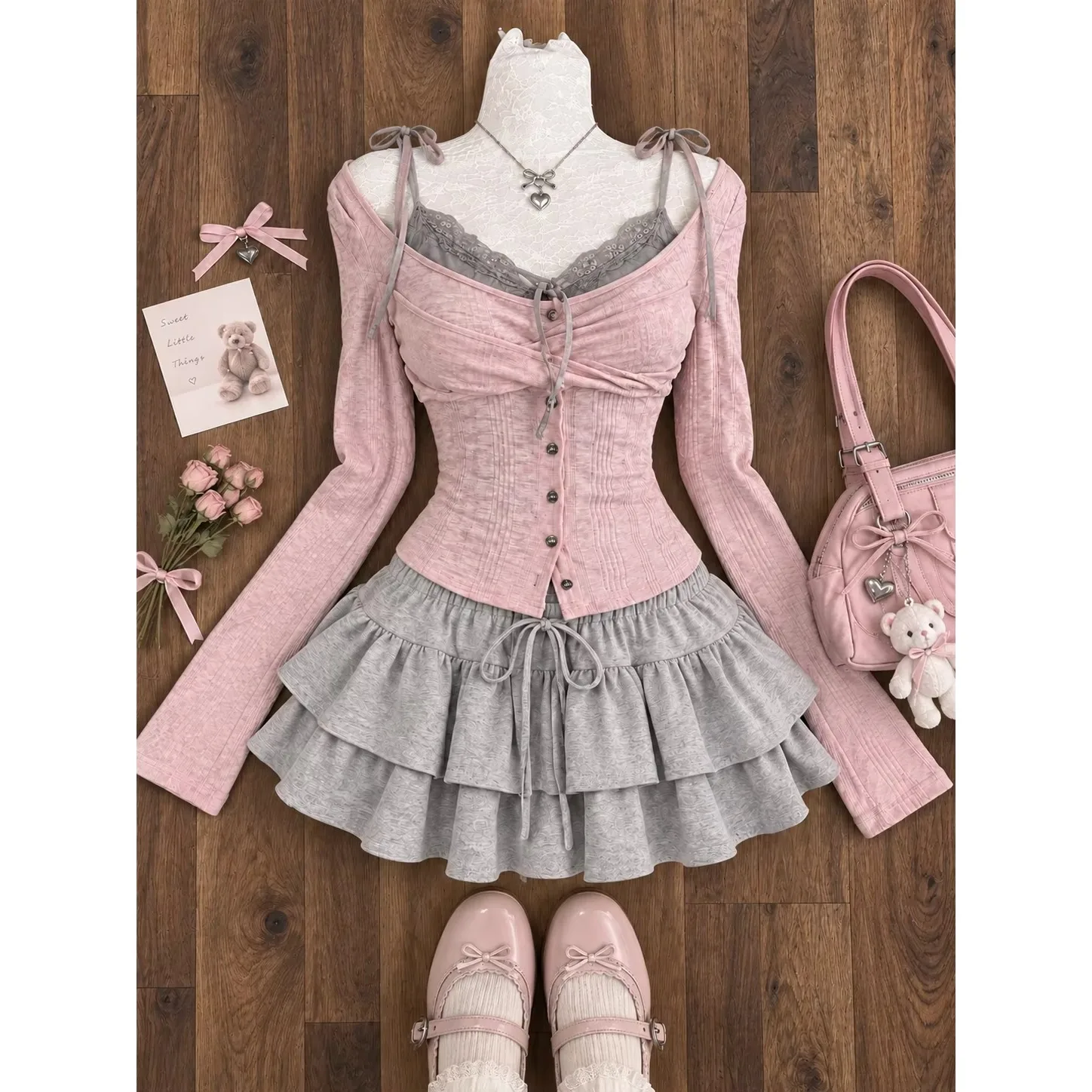 Korean Fashion 2 Piece Skirt Sets Women Casual Y2k Crop Top Blouse + Mini Skirts Retro Outfits 2026 Vintage Japanese Kawaii