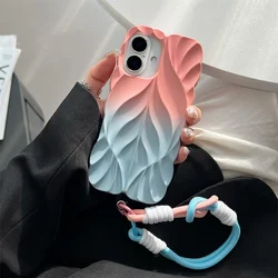 Gradient Pleated Leaf Texture Phone Case with Wrist Strap for iPhone 16 Pro Max 15 14 Plus 13 Shockproof Protectiv Back Cover
