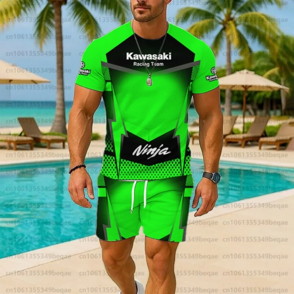 

Men Short Sleeved Outdoor Fashion Kawasaki Rider Motorcycle Pattern T-shirt And Shorts Cool Two-piece Set Daily Hot Selling 2025