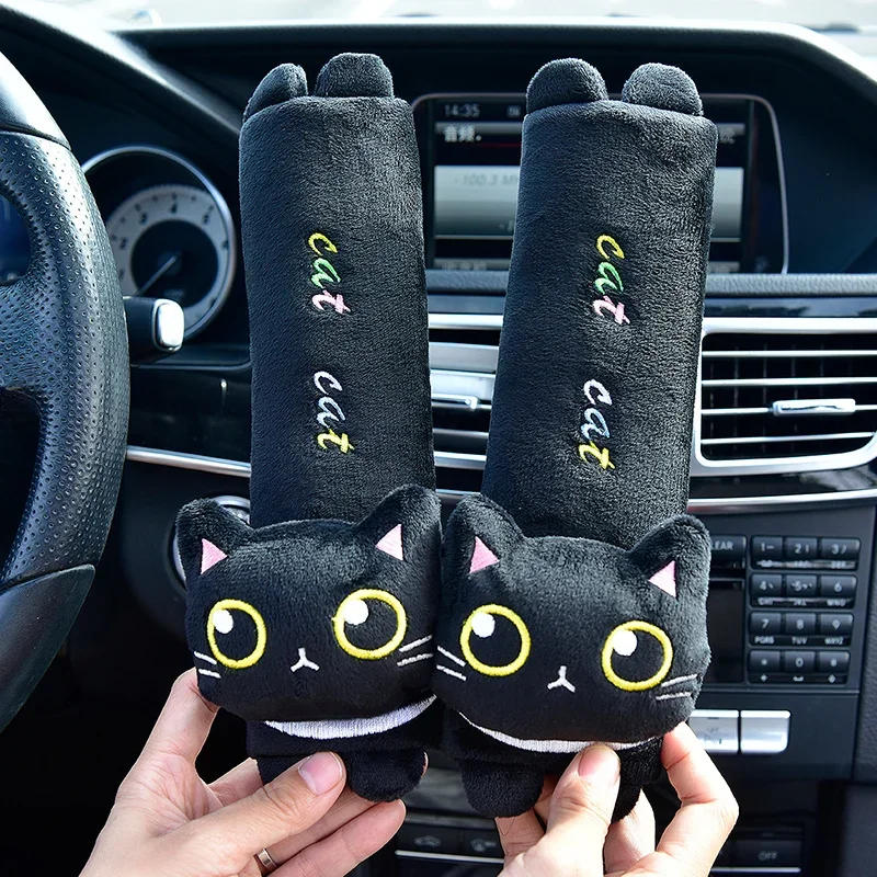 Cute Cat Car Neck Pillow Cartoon Cat Head Car Headrest Travel Cushion Cat Seatbelt Shoulder Pads Covers Rearview Mirror Cover