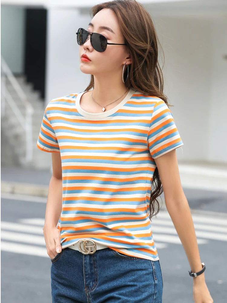 AOSSVIAO 2024 Summer Orange Blue Striped Cotton T-Shirts Women O-Neck Tshirts Female Short Sleeve Basic Fashion Classic Tops