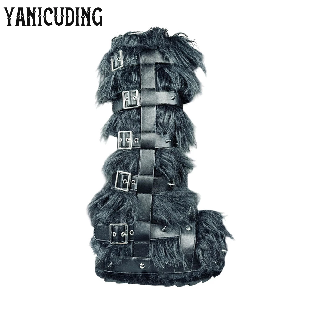 Fuzzy Monster Wedge Boots Belt Buckle Platform Furry Boots Metallic Studded Punk Style Knee-High Boots Faux Fur Warm Winter Boot