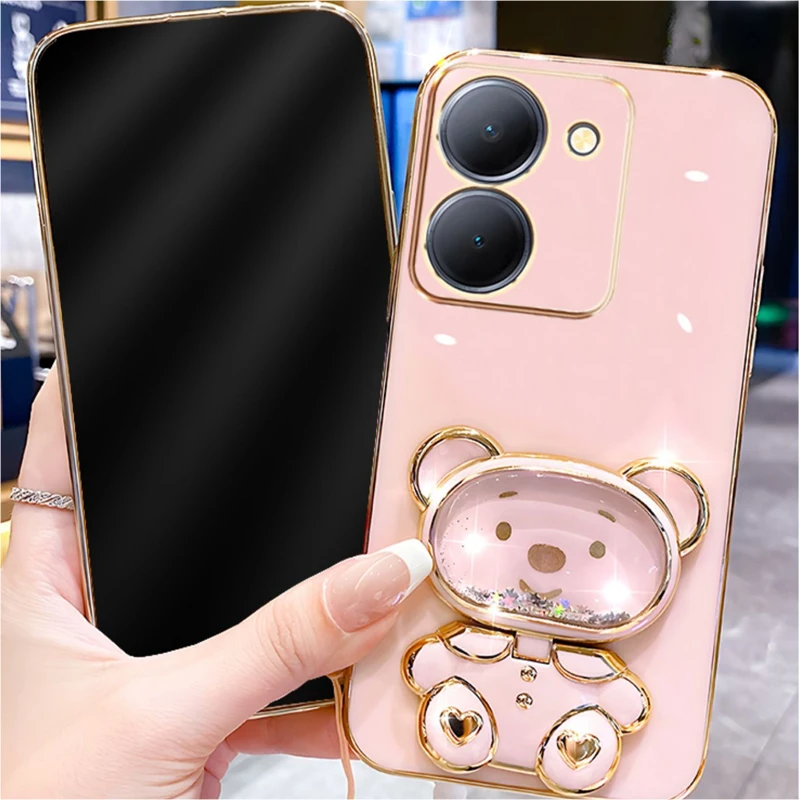 Tempered Glass Quicksand Bear Case For vivo Y15S Y72 V23 Y55 5G V23E Y51 V25 Y75 Y76 Y21 Y22 Y36 V21E Y35 V25E Plating Cover