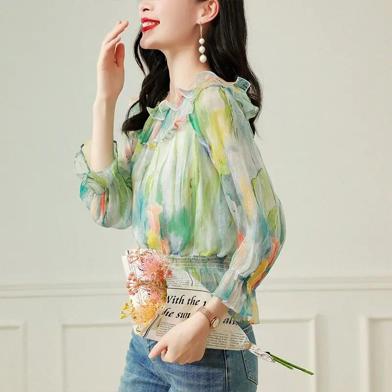 Spring Summer Three Quarter Fashion Printing Blouse Women High Street Casual Elastic Waist Elegant Edible Tree Fungus Pullovers