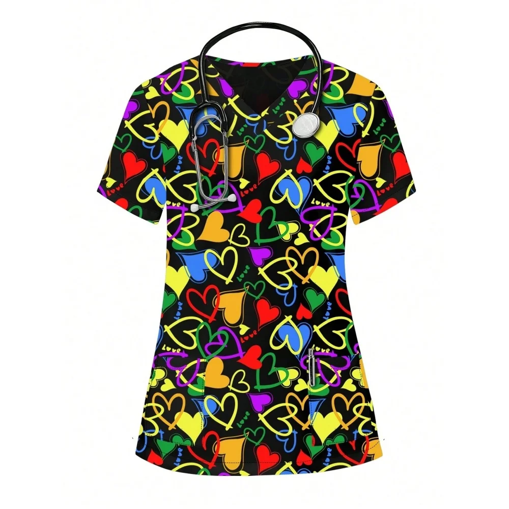 Heart Print V-Neck Stretchy Medical Uniform for Women Casual Short Sleeve Patched Pockets Tops Scrubs Medical Uniforms Woman
