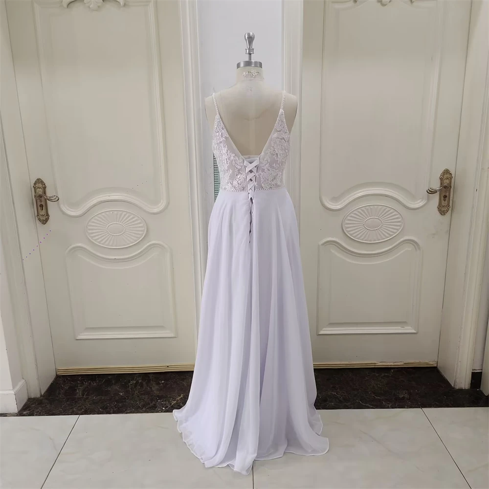 ZJ6012 مخصص زهرة ألف خط الحبيب فساتين الزفاف للنساء السباغيتي حزام 2025 بلا أكمام العروس بوهو فستان زفاف #4