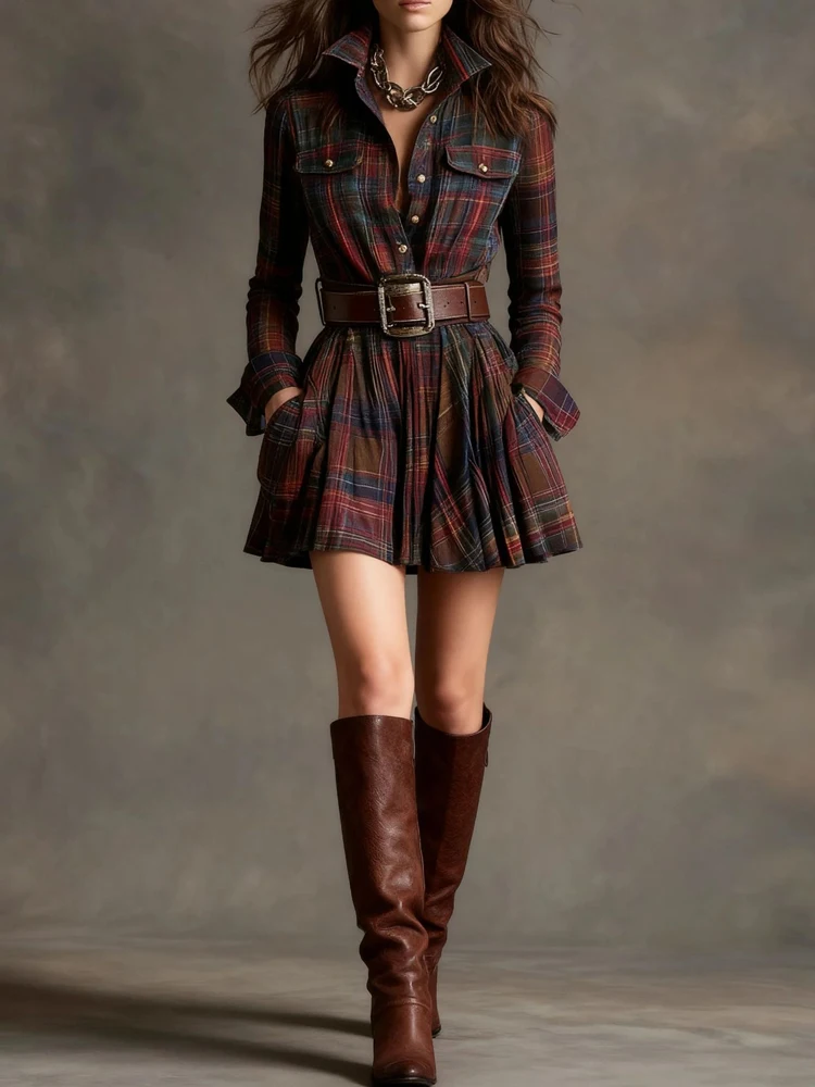 เดรสสั้นทรงเข้ารูป แขนยาว จับจีบ คอปก ดีไซน์หรูหรา เอวสูง ทรงสลิม เหมาะสำหรับงานปาร์ตี้ สไตล์วินเทจ ลายทาง มีกระเป๋า