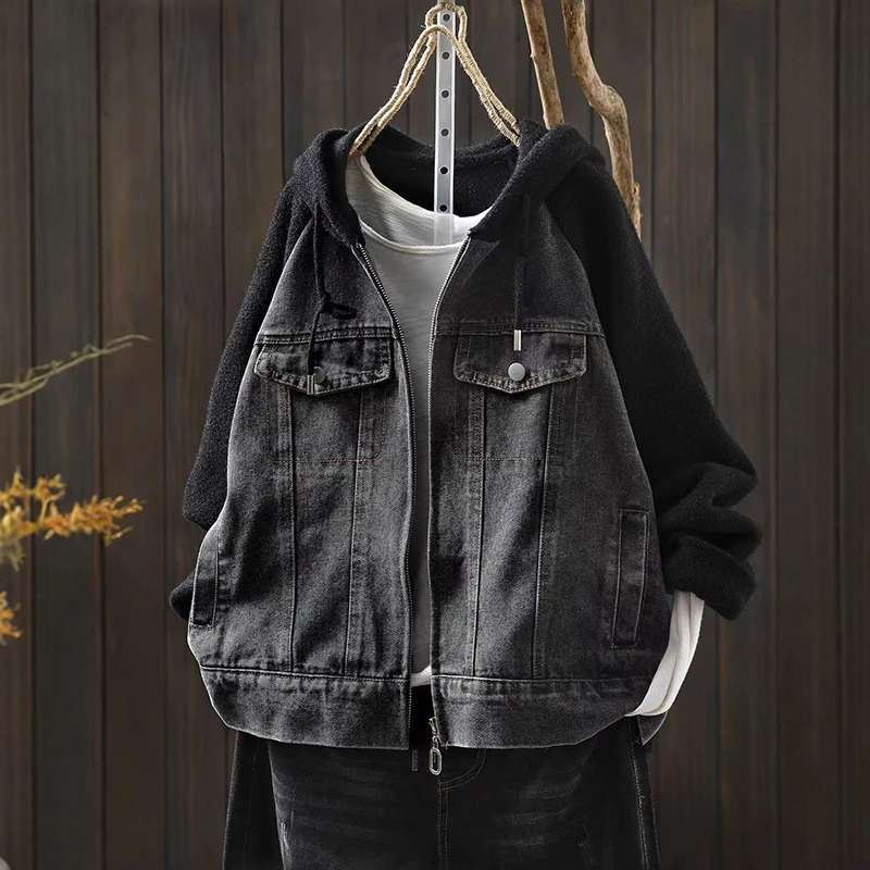 

Women Long Sleeve Denim Jackets New Arrival 2025 Autumn Simple Style Patchwork Color Loose Female Casual Hooded Coats T729