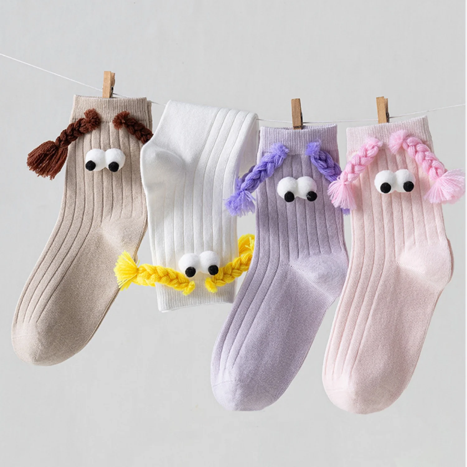 Novelty Funny Kids BreathableSocks Sweet Girl Short Kawaii Cartoon Braids Funny Eyes Design Princess Baby Kids Cute Over Ankle