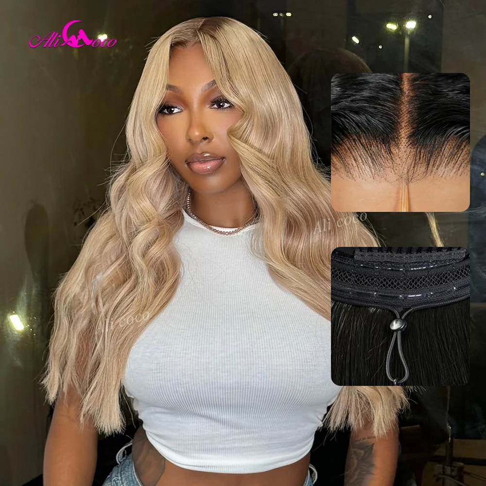 Ombre Shiny Blonde with Brown Roots 13x6 HD Lace Front Human Hair Glueless Wigs for Women 200 Density Body Wave Drawstring Wig