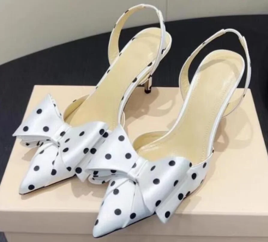 

Big Bow Tie Knot with Spot Women 6 8 10 Cm Heeled Pumps Sexy Dot Pointed Toe Slingback High Heel Sandals for Women's Shoes