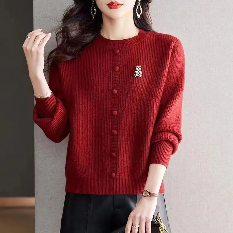 

Autumn Winter Round Neck Solid Color Pullover Lantern Long Sleeve Button Sweater Knitted Elegant Casual Women's Clothing Tops