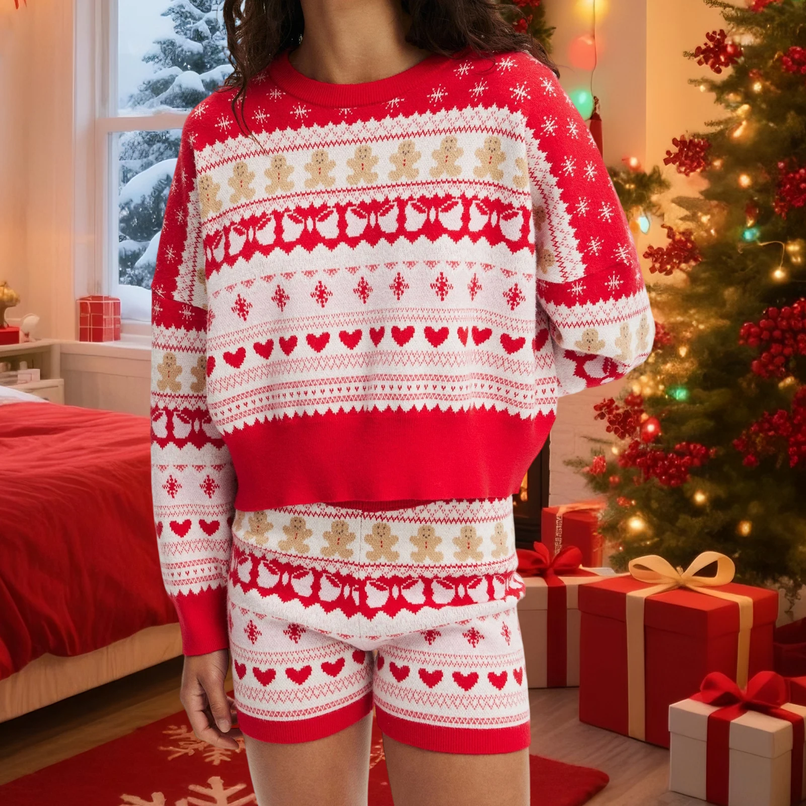 Traje de Navidad para mujer, suéter tejido de manga larga con cuello redondo y pantalones cortos de cintura elástica, disfraz de fiesta