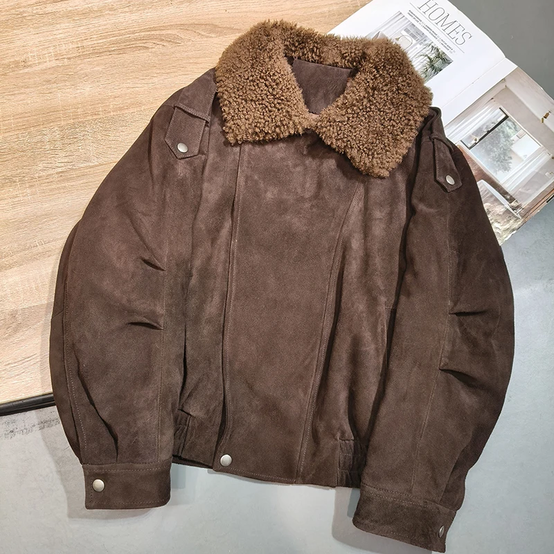 ملابس الشتاء امرأة القهوة/الكراميل الرجعية التلبيب سستة الصوف طوق فضفاض موضة جلد الغنم سترة من جلد الغزال أوزة أسفل معطف الإناث #4