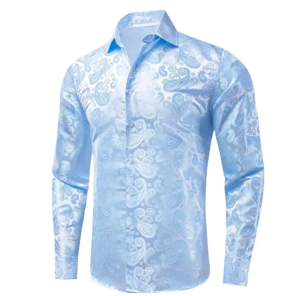 Navy Royal Sky Blue Silk Mens Shirts Lapel Collar Long Sleeve Dress Shirt Jacquard Blouse for Male Wedding Business Prom