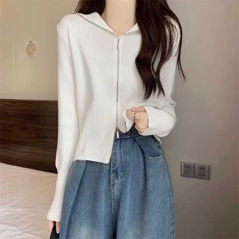 Double Zipper Knitted Cardigan Women\'s Autumn and Winter New Sweater Jacket Thick and Loose Slimming Long Sleeved Top