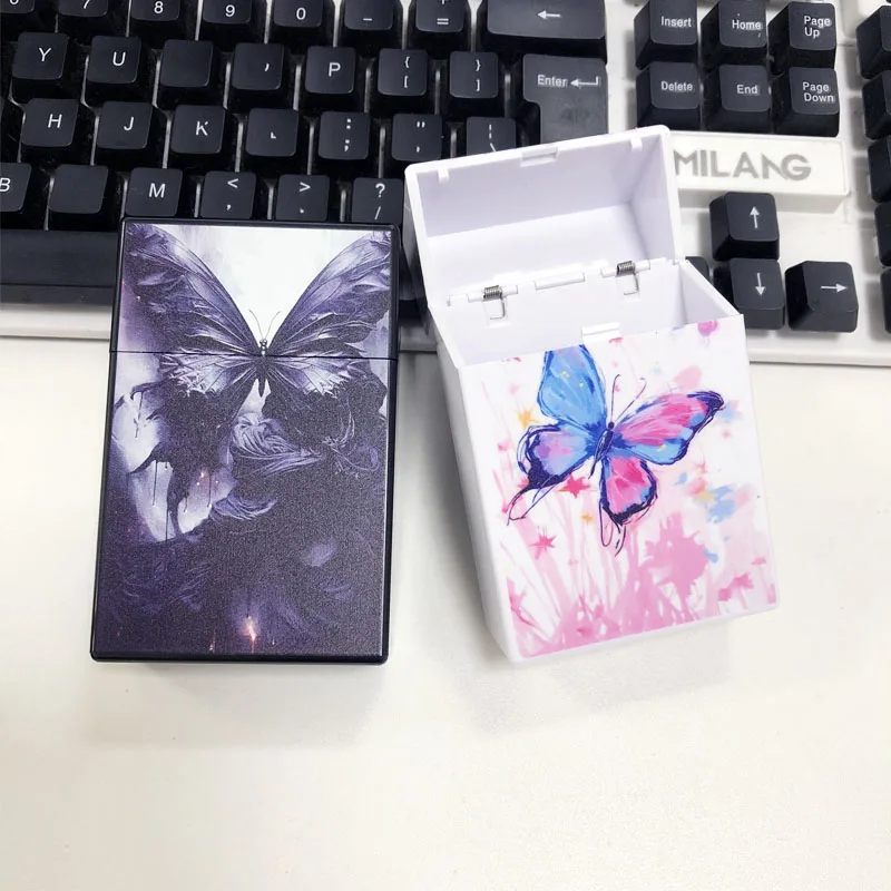 Stylish Butterfly 20Pcs Big capacity Waterproof Cigarette Box Plastic For 8mm Cover Automatic Flipping Cigarette Case Girl Gift