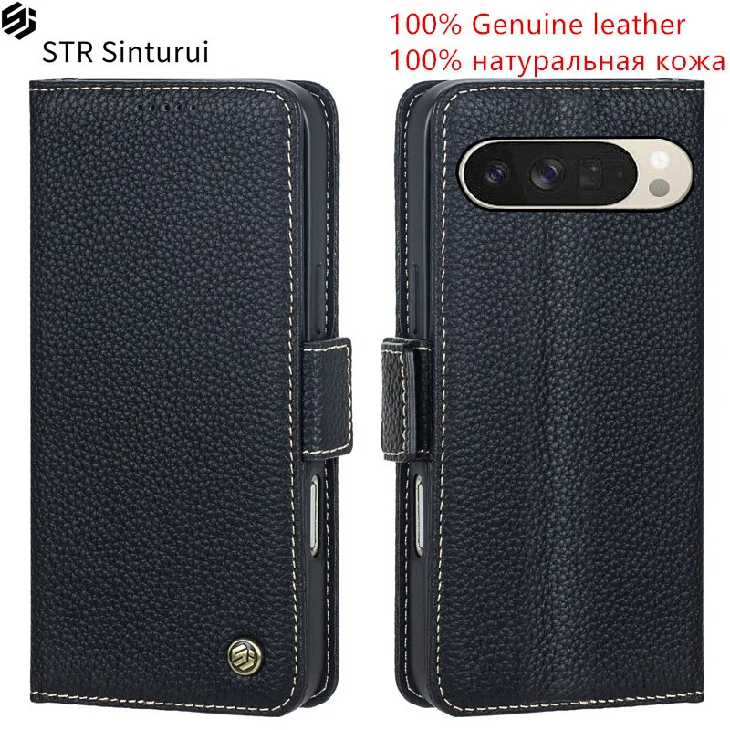 

STR Genuine lychee grain leather card Slot Wallet Cover For Google Pixel 10 9 8 7 6 Pro 4 XL 10a 9a 5a shockproof phone Case