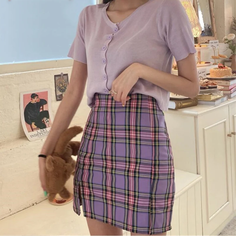 

New plaid women elegant mini skirts 2025 summer fashion ladies vintage skirt party female split skirt girls chic streetwear