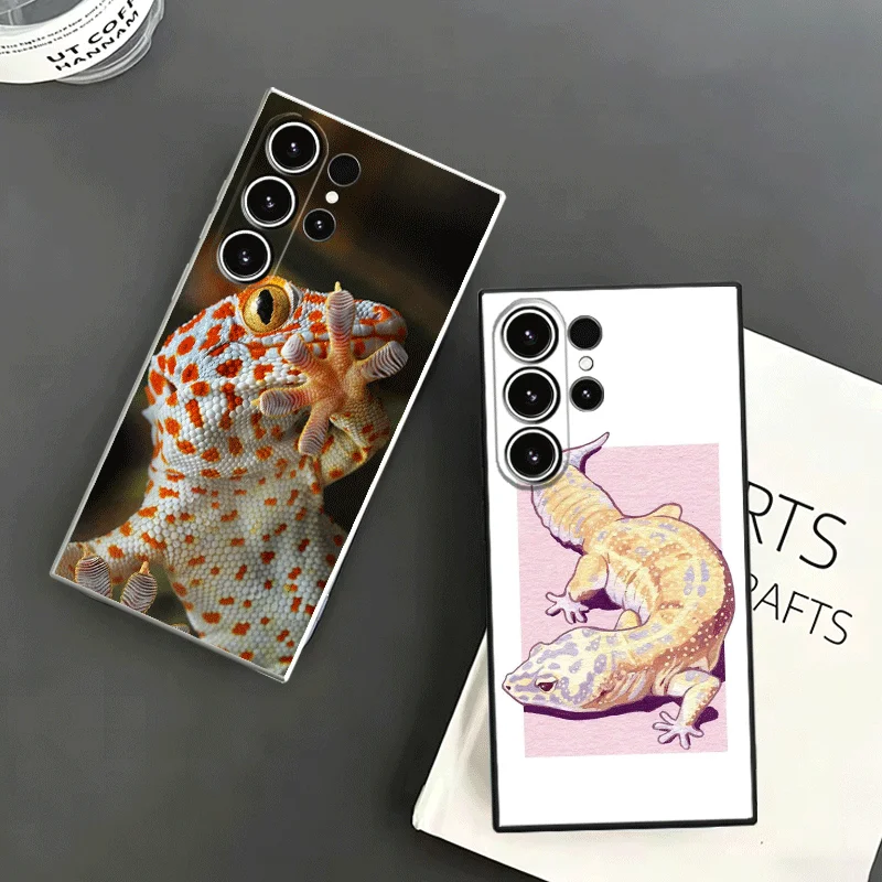 Lizards Geckos Cute Pet Soft Phone Case For Samsung S24 S25 S26 Ultra S23 S22 Plus S21 S20 FE Edge + Black White Couple Cover