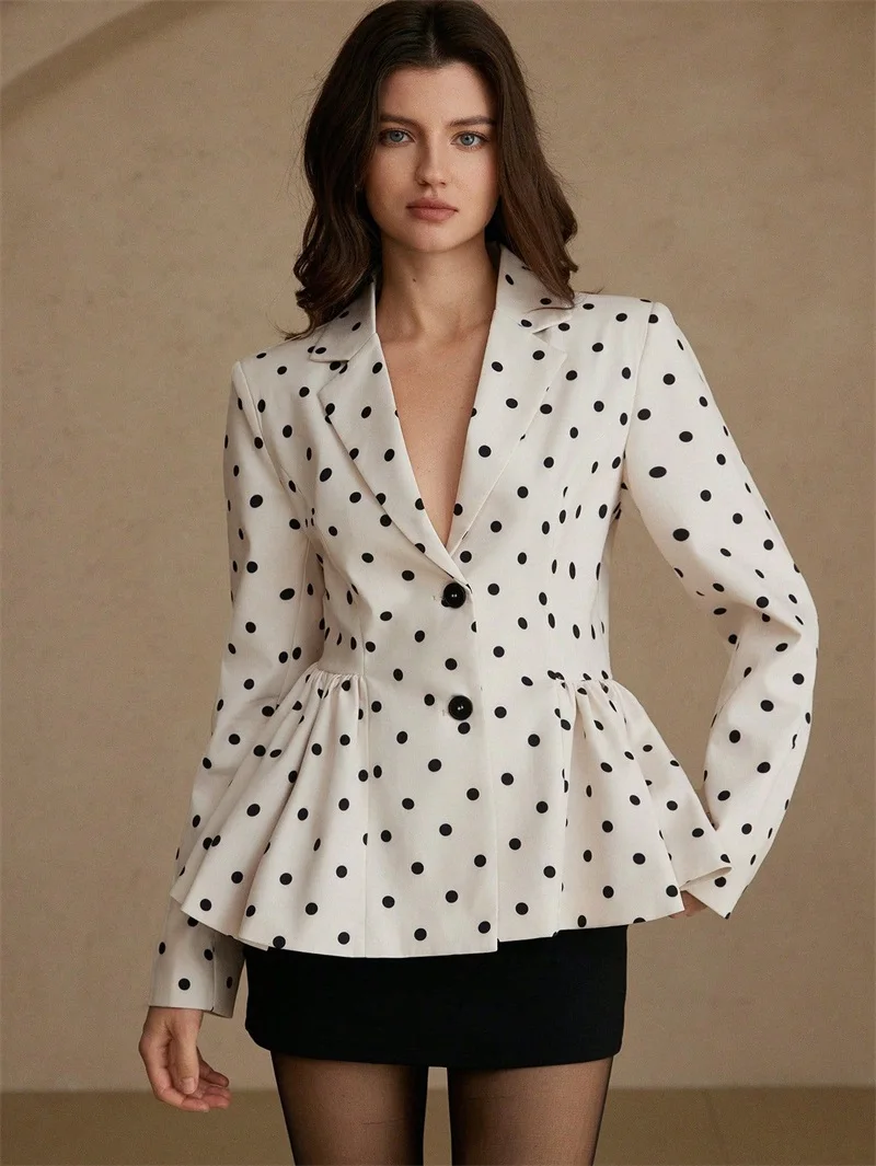 White Black Dot Women Suit Blazer Elegant 1 Pcs Full Sleeves Jacket Coat Formal Office Lady Wedding Birthday Evening Outfit