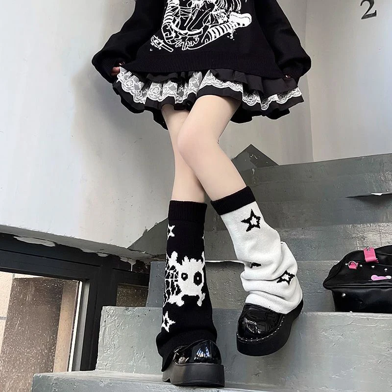 Emo scaldamuscoli gotici, calze con teschio, calzini lavorati a maglia a righe Kawaii, coprigambe Harajuku Lolita, calzini in Pile, polsino dello